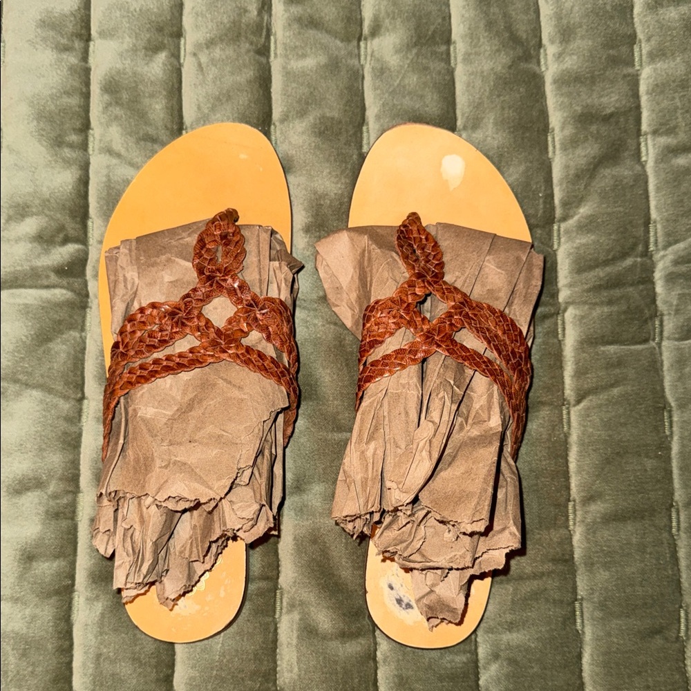 Leather Brown and Tan Woven Sandals